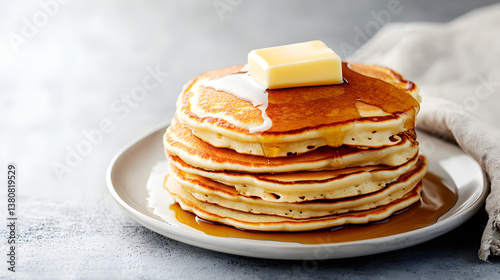 un plato con panques con miel y mantequilla listos y preparados para comer en el desayuno con espacio de copia photo