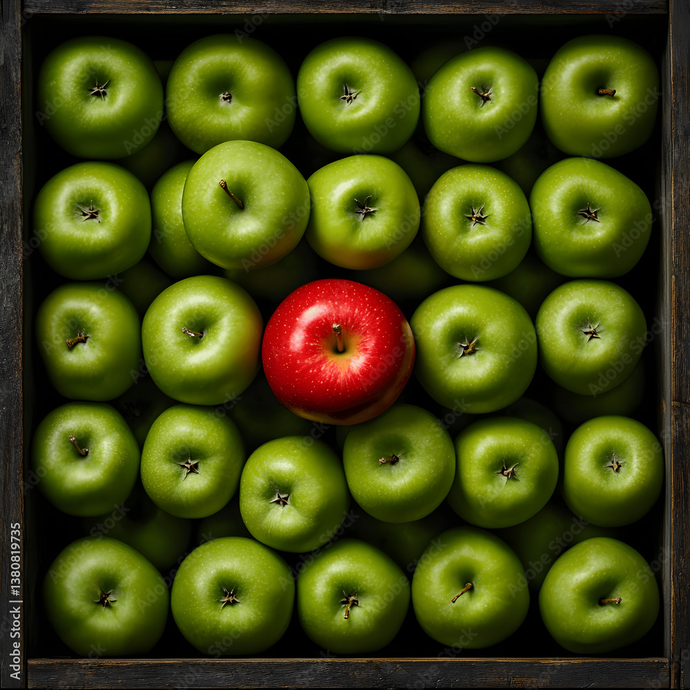 A vibrant display of green apples with a striking red apple at the center, promoting freshness and health. A vibrant display of green apples with a striking red apple at the center, promoting freshness and health.