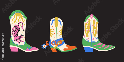 Various groovy cowboy boots. Stylish wild west shoe with tiger and cactus. Cartoon vector set isolated on black background.