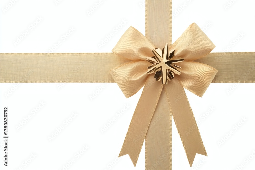 Fototapeta premium Beige ribbon bow, crossed, festive, white background