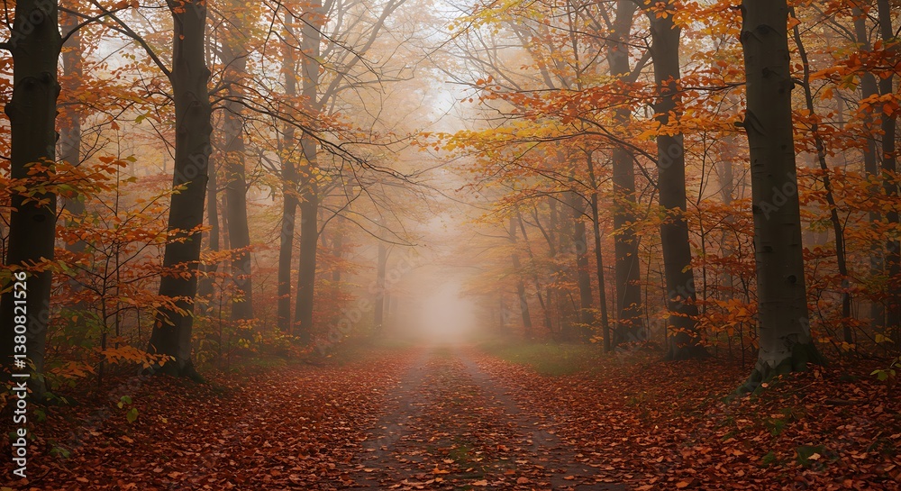 Obraz premium Autumn Path Through Misty Woods Golden Leaves And Foggy Trails Forest Pathway In Autumn Haze Enchanted Autumn Forest Road Red Carpet Of Autumn Leaves Mystical Fog In Autumn Forest AI Generated