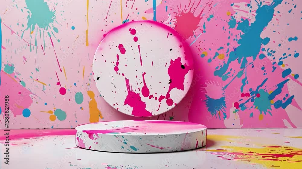 Colorful Splatter Display: A minimalist concrete display stand is adorned with pink paint splatters against a vibrant backdrop of mixed colorful splashes.