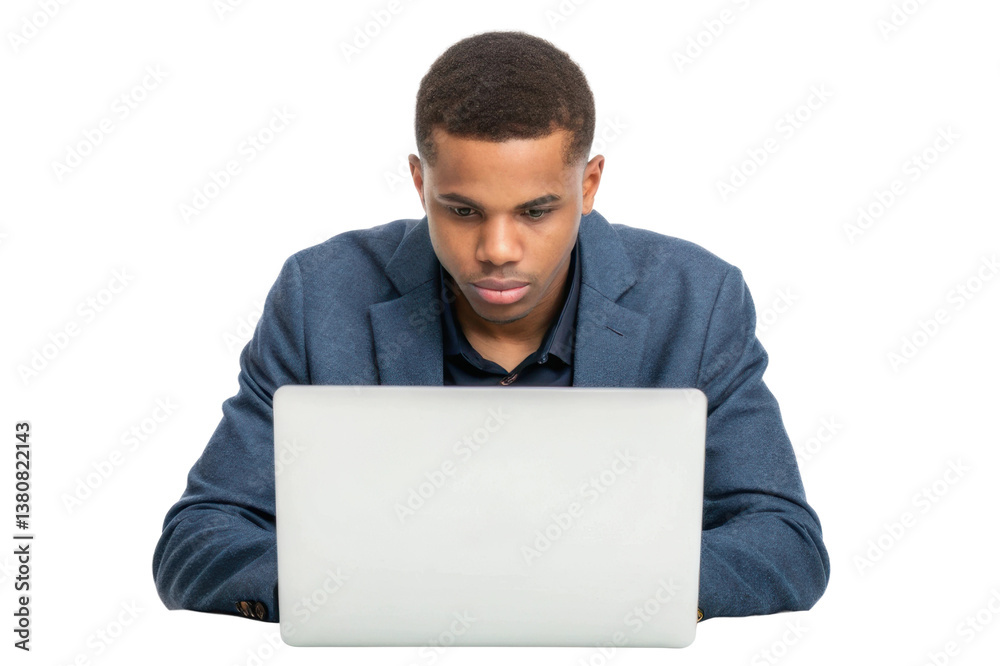 Focused young man working on a laptop while wearing a blazer in a well-lit environment Focused young man working on a laptop while wearing a blazer in a well-lit environment