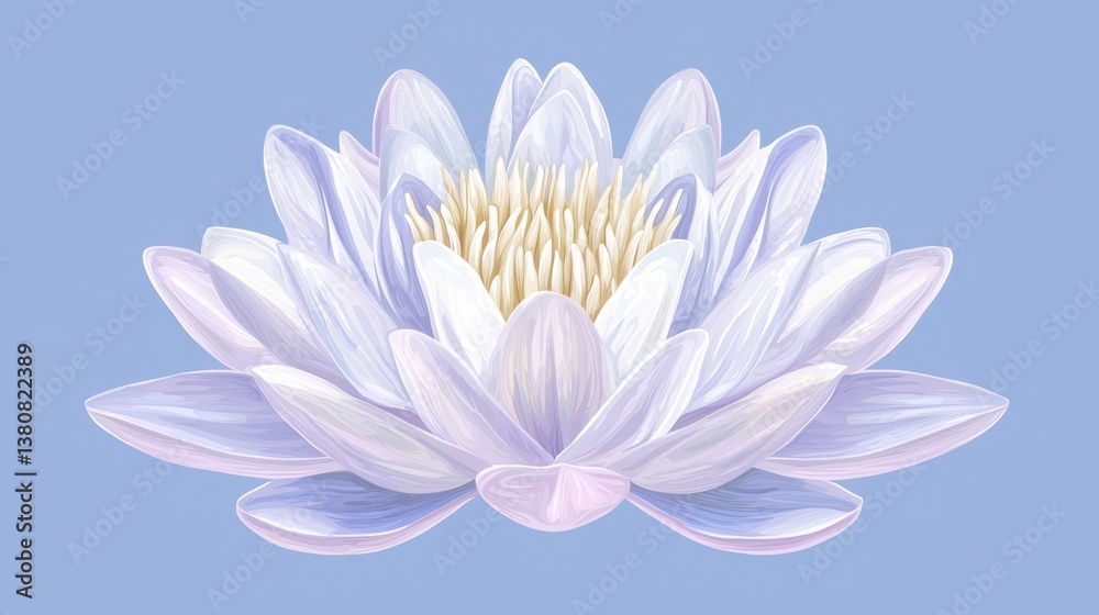 Fototapeta premium A serene water lily with delicate white and purple petals against a soft blue background, symbolizing tranquility and beauty.