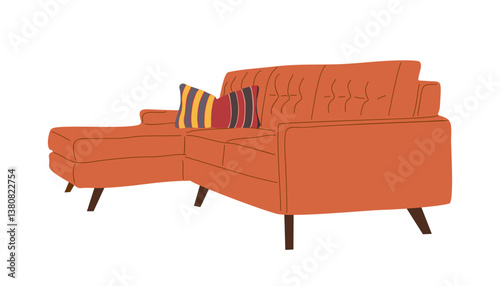 Stylish comfortable orange sofa flat vector illustration. Modern fabric couch with armrests side view isolated on white background. Colorful fabric elegant settee or divan in minimalistic style.