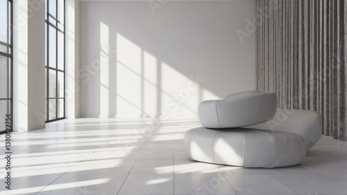 A single white chair sits on a white floor, providing a clean and minimalist backdrop