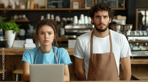 Frustrated cafe staff behind counter