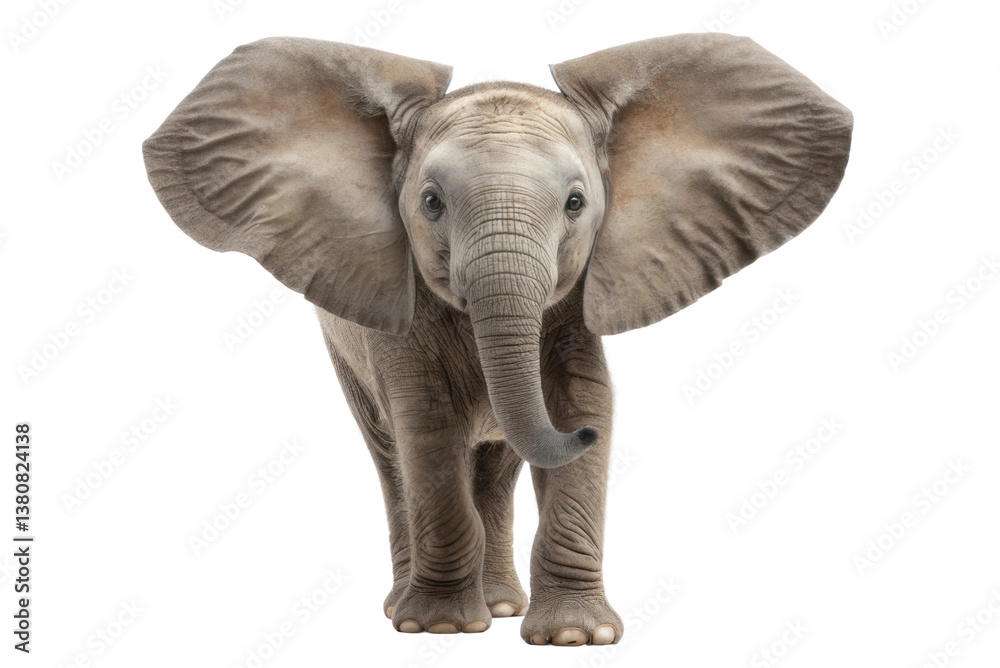 Fototapeta premium Young elephant standing with large ears and curious expression for educational materials and wildlife awareness