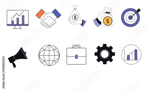 Business and Finance Icons Set, Growth, Investment, and Marketing Symbols