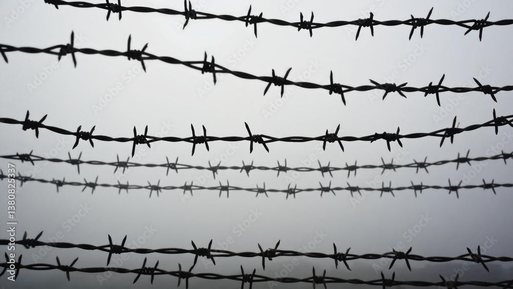 A fence made of barbed wire against a gray and cloudy sky A fence made of barbed wire against a gray and cloudy sky