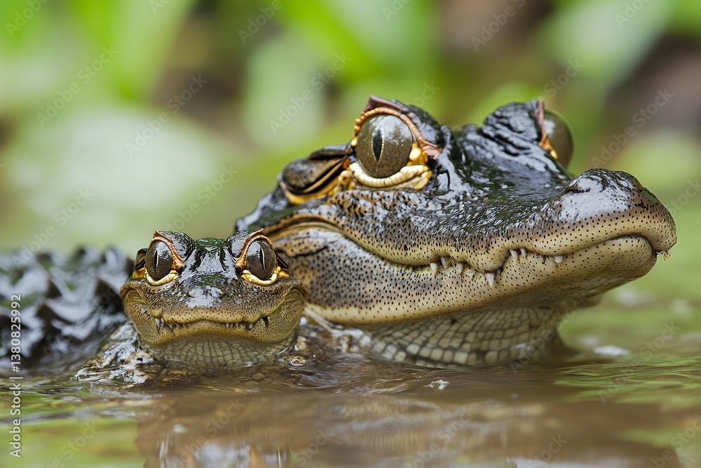 Obraz premium A caiman swims closely with its young in a muddy river, demonstrating protective instincts in reptiles