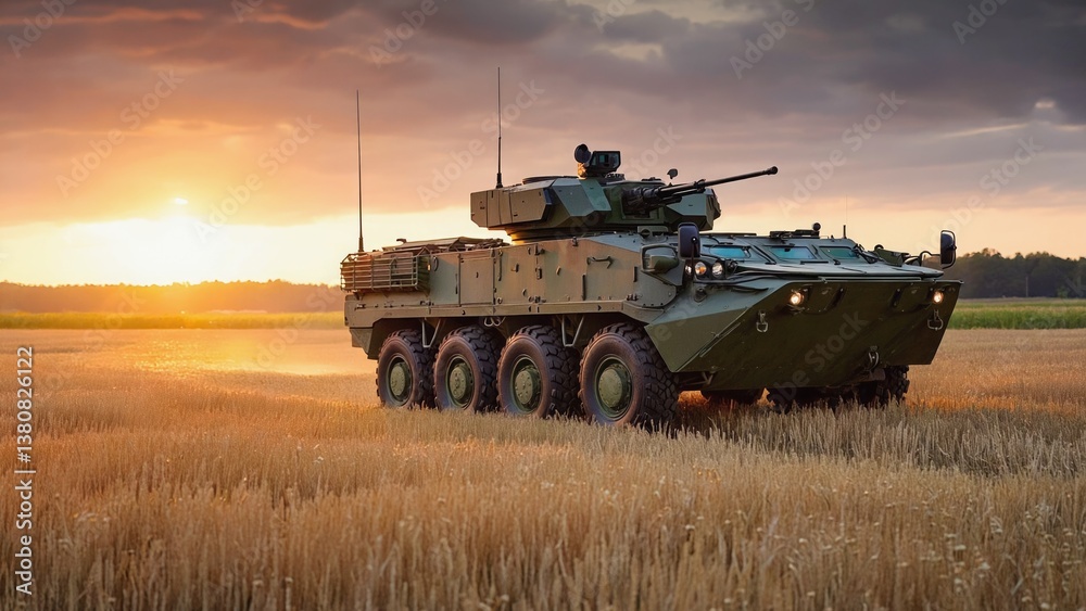 Fototapeta premium A military vehicle navigates through a golden wheat field