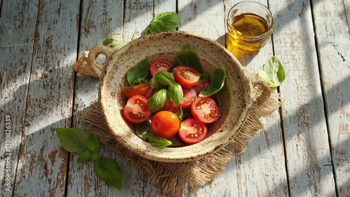 Fresh tomatoes and basil arranged on a wooden table