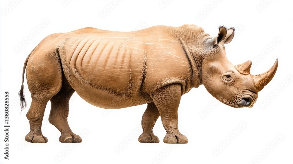 Obraz premium Endangered species rehabilitation conservation wildlife rescue. A realistic illustration of a rhinoceros, showcasing its distinctive features, including a large horn and robust body structure.