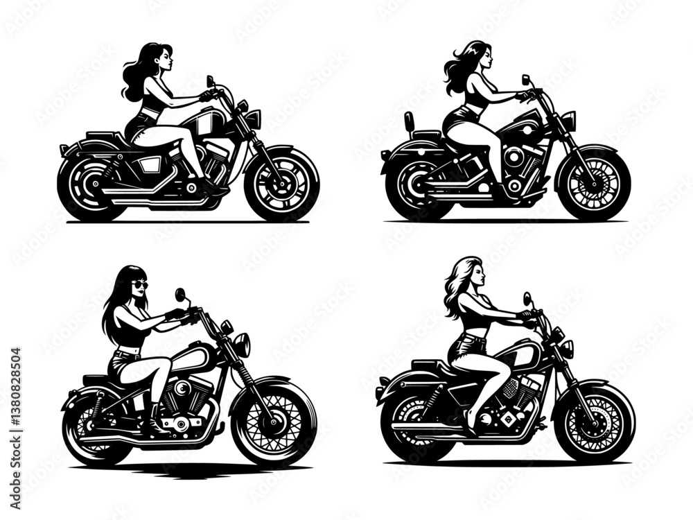 Obraz premium A collection of vector illustrations featuring stylish biker women riding their motorcycles.