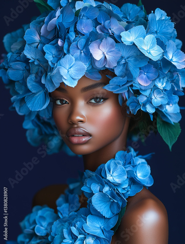 Portret kobiety w otoczeniu niebieskich hortensji. Artystyczny makijaż i kwiatowa stylizacja tworzą luksusowy, surrealistyczny efekt. Idealne do beauty, editorial i reklamy.