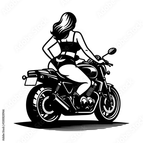 A vector illustration of a sexy female biker riding a motorcycle.