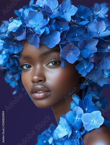 Portret kobiety w otoczeniu niebieskich hortensji. Artystyczny makijaż i kwiatowa stylizacja tworzą luksusowy, surrealistyczny efekt. Idealne do beauty, editorial i reklamy.