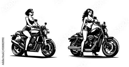 A set of vector illustrations featuring stylish biker women sitting on their motorcycles.