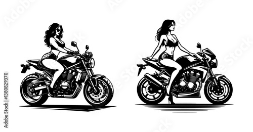 A set of vector illustrations featuring sexy biker women riding their motorcycles.