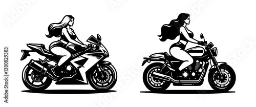 A set of vector illustrations featuring sexy biker women riding their motorcycles.