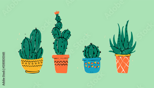 Collection of hand drawn potted cacti and succulents in a colorful doodle style, featuring different shapes, sizes, and blooming flowers, perfect for home decor. Vector illustration