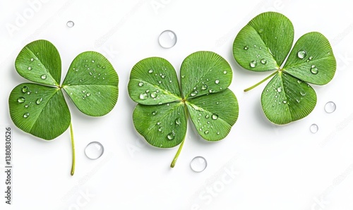 Three dewy clovers on white background for spring greetings