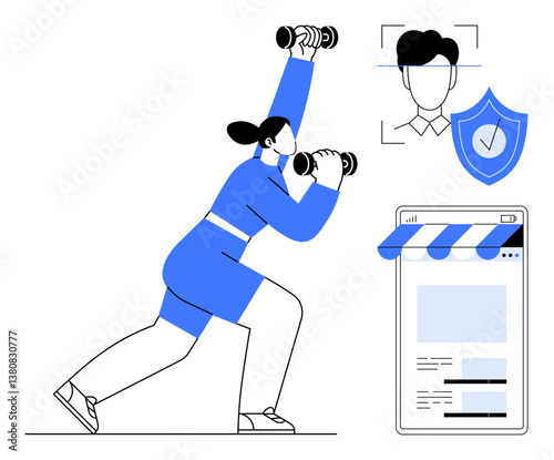 Woman lifting dumbbells during a workout alongside illustrated elements of biometric security, such as face recognition and a shield. Ideal for fitness, digital security, health monitoring