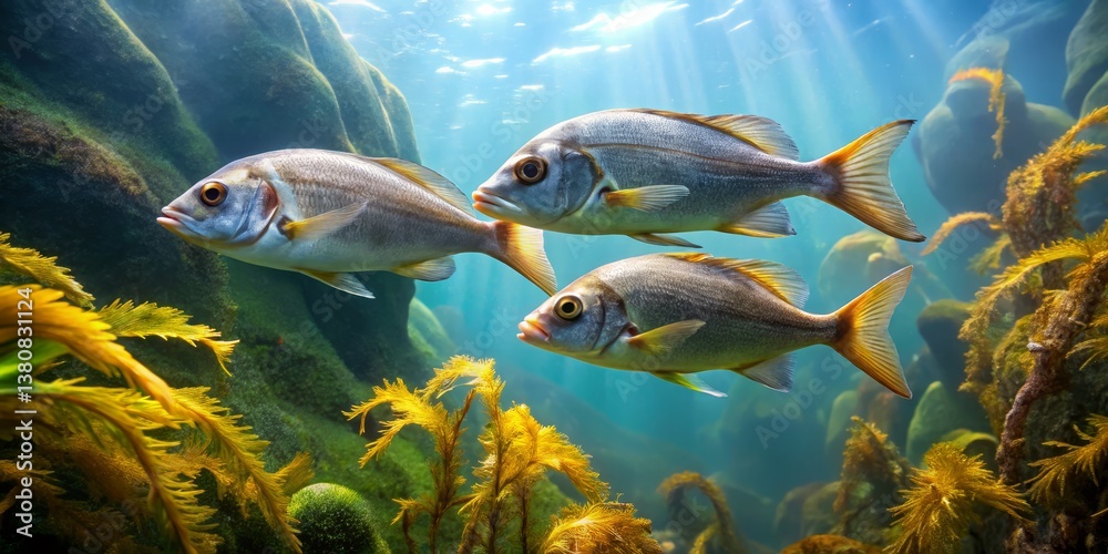 Naklejka premium Underwater Scene with Three Fish Swimming Among Aquatic Plants