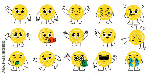 Set of cute yellow coin characters with various emotions and gestures. Gold money greeting, laughing, thinking, flexing, drinking. Perfect for stickers, animation, apps. Flat cartoon illustrations