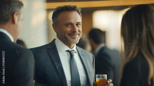 A stylish businessman smiles confidently while holding a drink at a networking event  surrounded by fellow professionals.