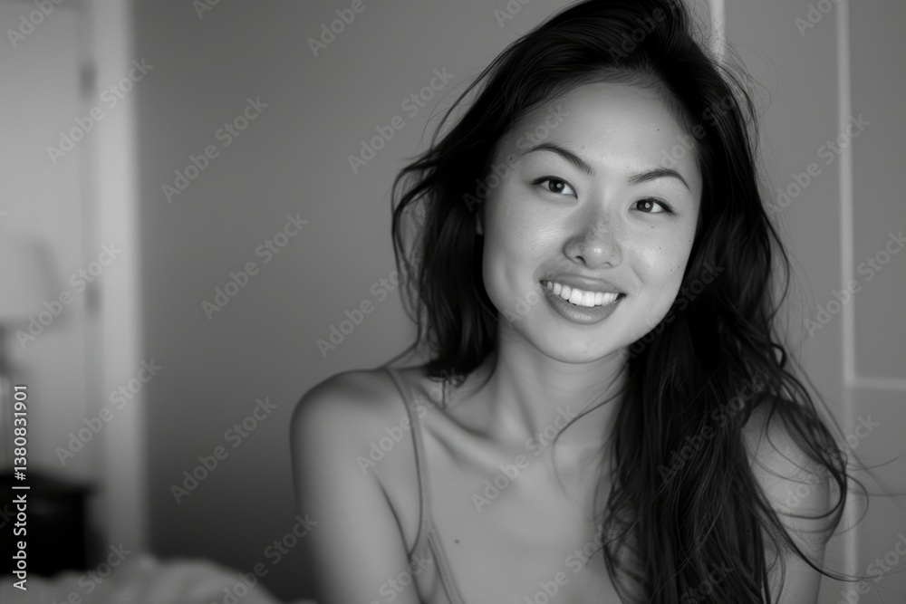 Portrait of a happy asian woman in her 20s smiling at the camera in bare monochromatic room Portrait of a happy asian woman in her 20s smiling at the camera in bare monochromatic room