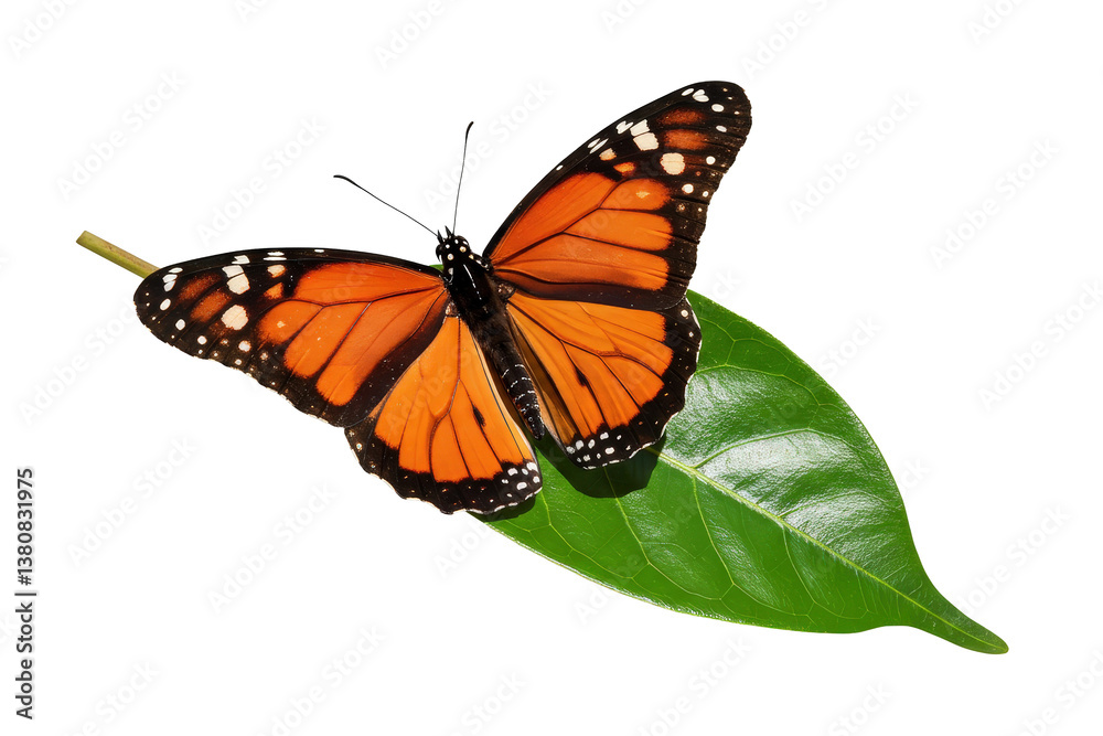 Obraz premium Monarch butterfly on green leaf with spread wings png isolated on transparent background