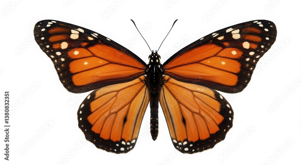 Obraz premium A detailed monarch butterfly with vibrant orange wings and intricate patterns isolated on a white background celebrating natural beauty and biodiversity