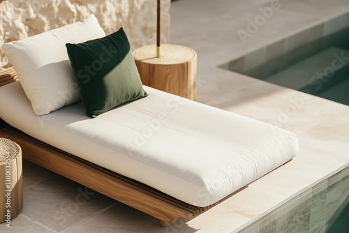 Wooden sun lounger with cosy cushions and wooden coffee table under umbrella near outdoor pool
