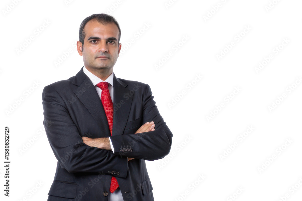 Confident business professional posing with arms crossed in a formal suit for corporate branding