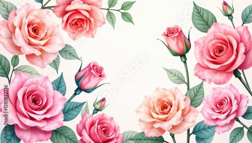 Delicate watercolor roses repeat across soft background , nature, design, spring