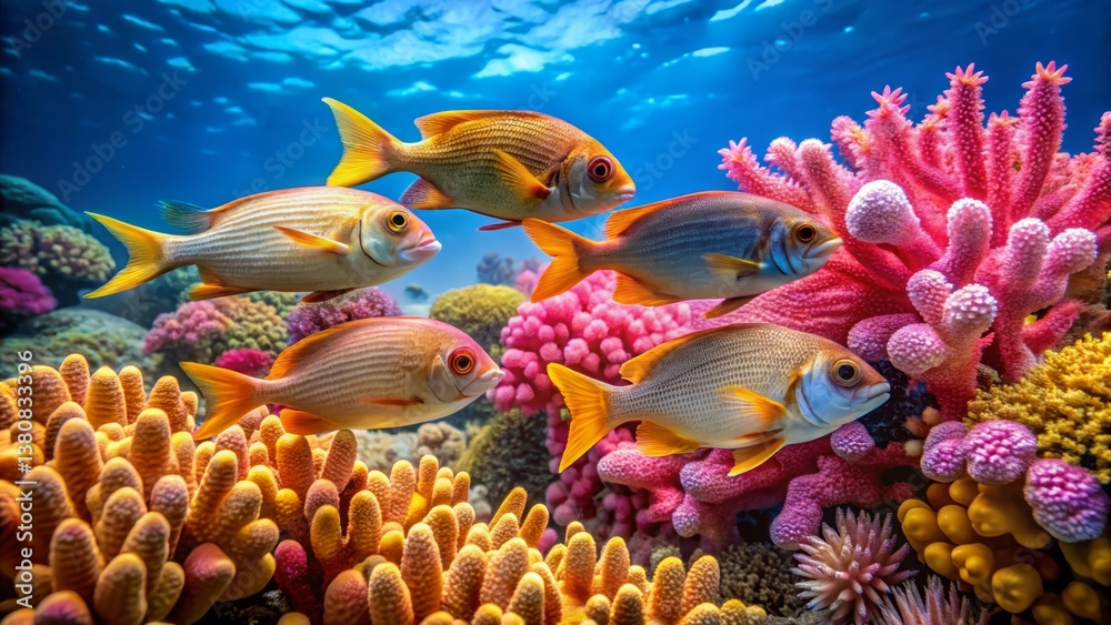 Fototapeta premium Colorful Coral Reef with Vibrant Fish Swimming in Clear Water