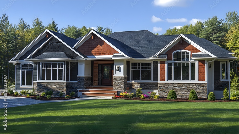 Obraz premium A stunning craftsman style home boasts a blend of natural stone siding, rich red wood accents, and a meticulously landscaped lawn.