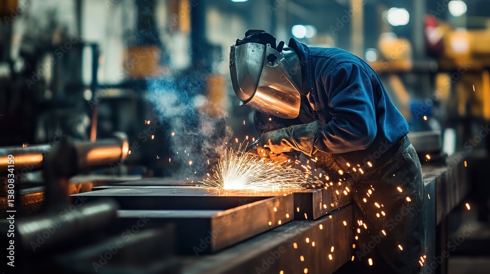 A mechanical workshop worker welding steel parts together.