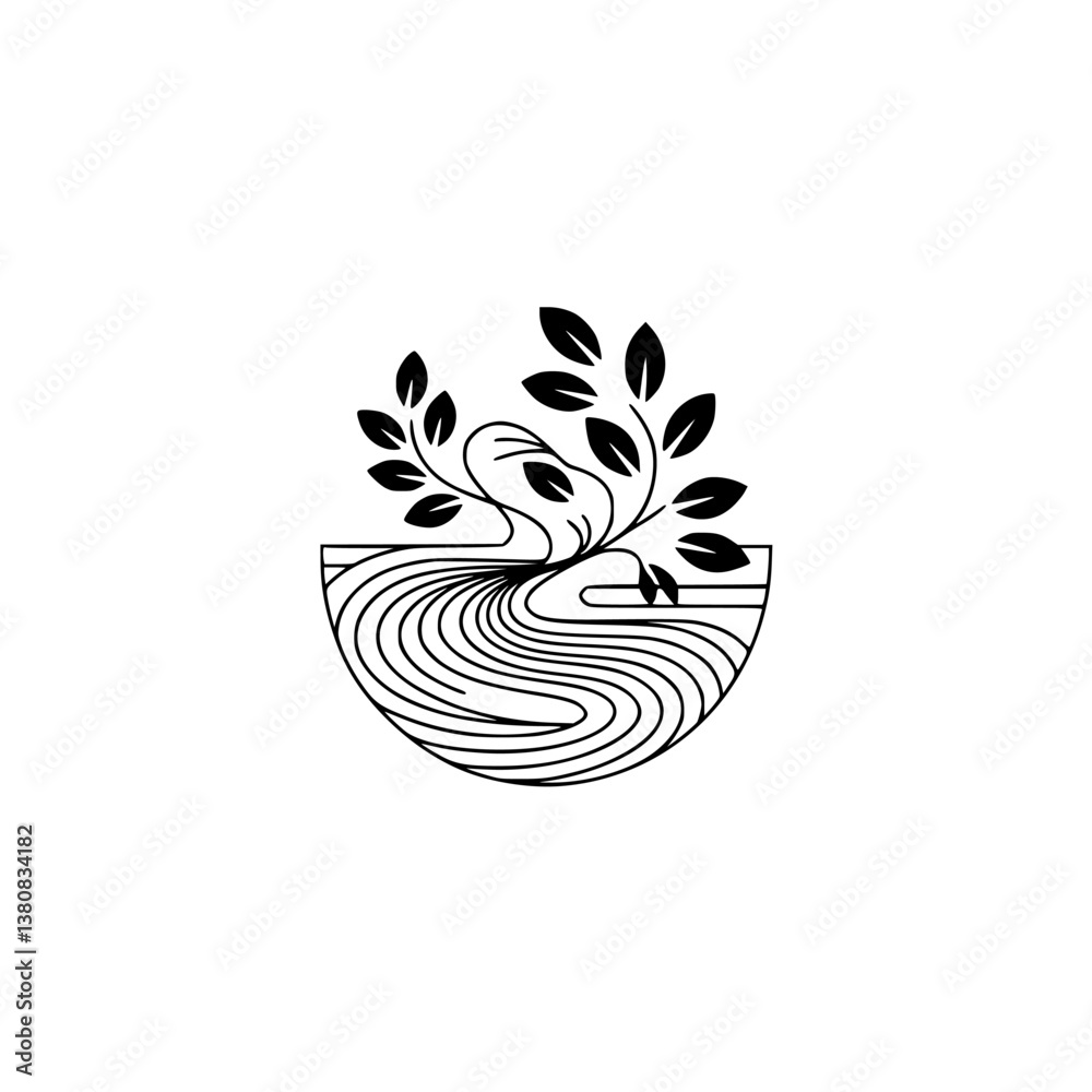 Fototapeta premium Minimalist Bonsai Design: Serene Plant, Black Lines on White