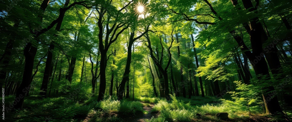 Obraz premium Sun-dappled glade, lush green canopy overhead, tranquil forest floor, glade, background, environment