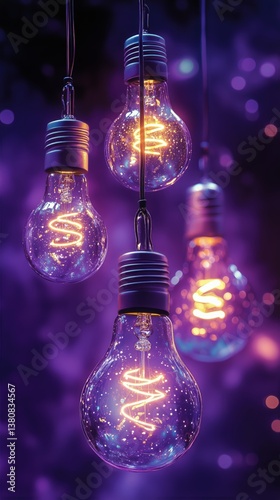 Hanging Vintage Light Bulbs Casting a Warm Glow in a Purple Illuminated Setting