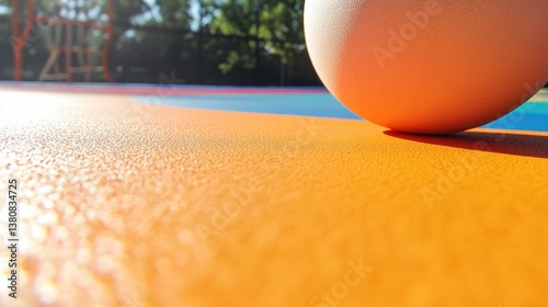 A bouncy ball ricocheting across a vibrant playground in the sunlight.
