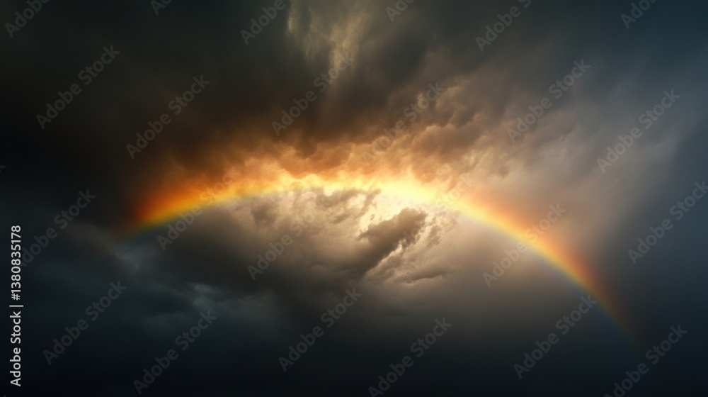 Naklejka premium A vibrant rainbow arcing across the sky after a refreshing rain shower.