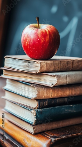 Classic Books Stacked Under a Shiny Red Apple in a Bright Learning Environment