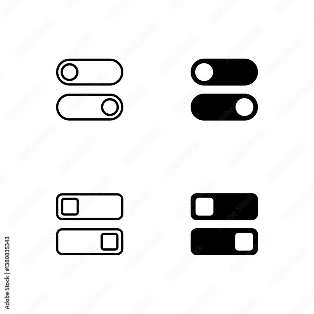 On and Off toggle switch buttons. Switch button. On off icon. On and Off toggle switch buttons. Switch button. On off icon.