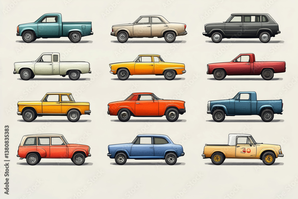 Diverse lineup of classic vehicles showcasing retro designs and colors Diverse lineup of classic vehicles showcasing retro designs and colors
