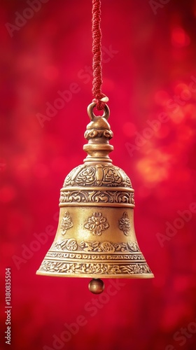 Beautifully Crafted Brass Bell Hanging Amidst Vibrant Red Flowers