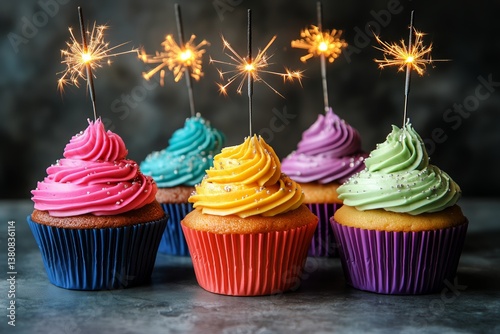 Colorful Cupcakes With Sparklers for Celebration at a Festive Gathering Durin...